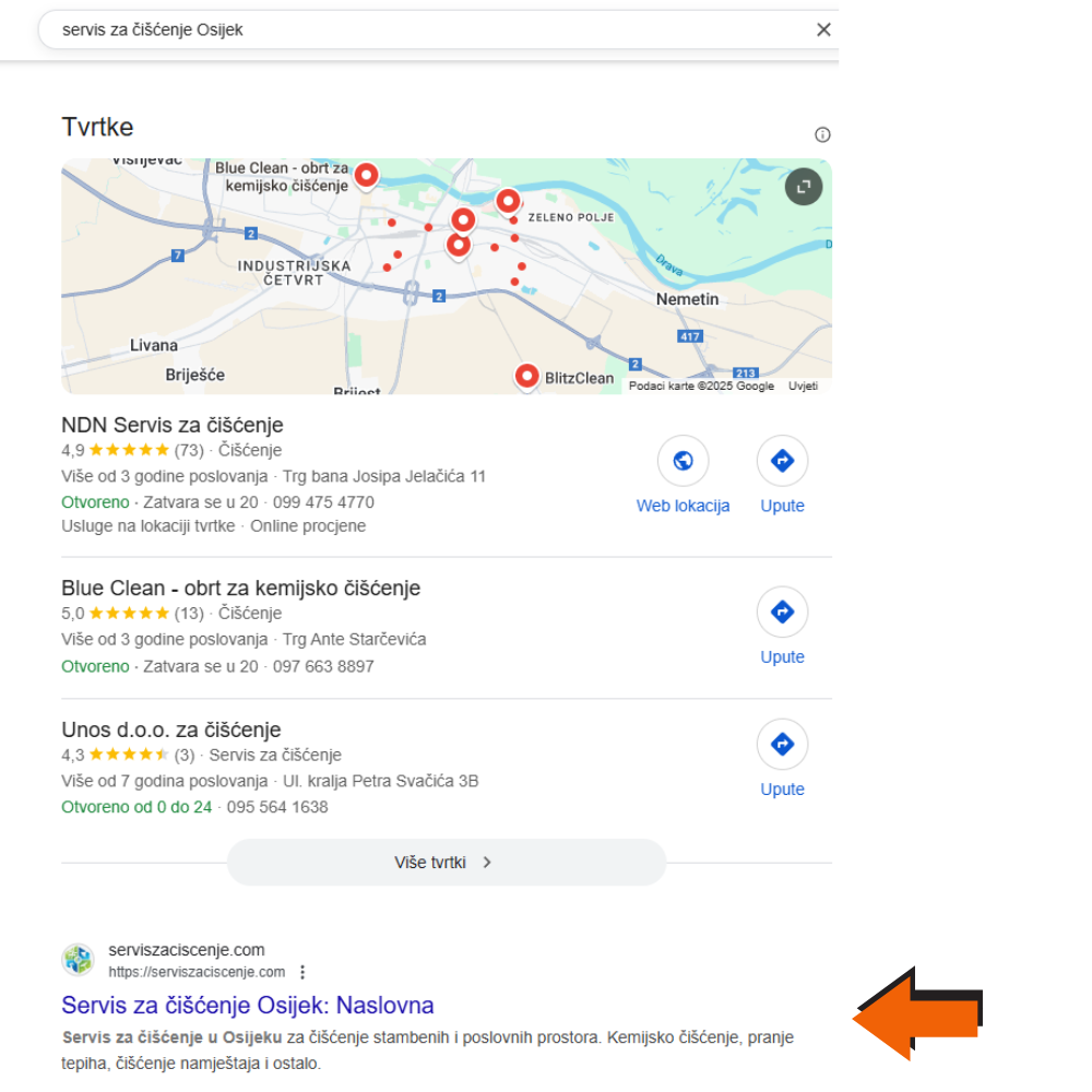 SEO optimizacija prikaz na Google tražilici kao primjer uspješne web stranice