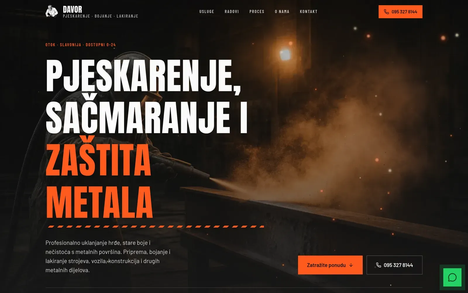 Naslovnica davor.sklepos.hr s velikim naslovom Pjeskarenje, sačmaranje i zaštita metala