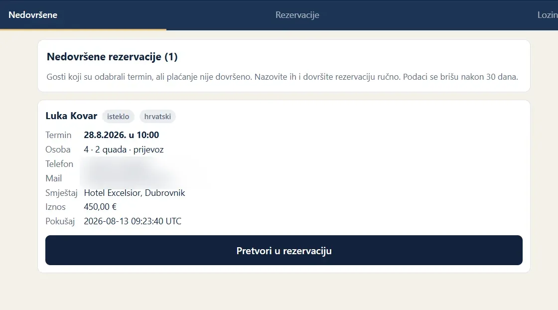 Nedovršene rezervacije u admin panelu Konavle Travel: gosti koje treba nazvati