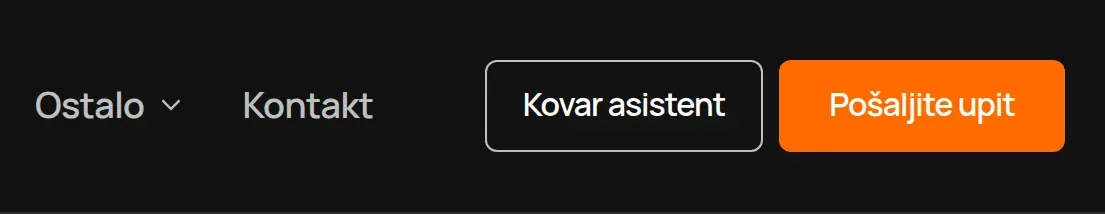 Zaglavlje kovarstudio.com s gumbom Kovar asistent pokraj gumba Pošaljite upit