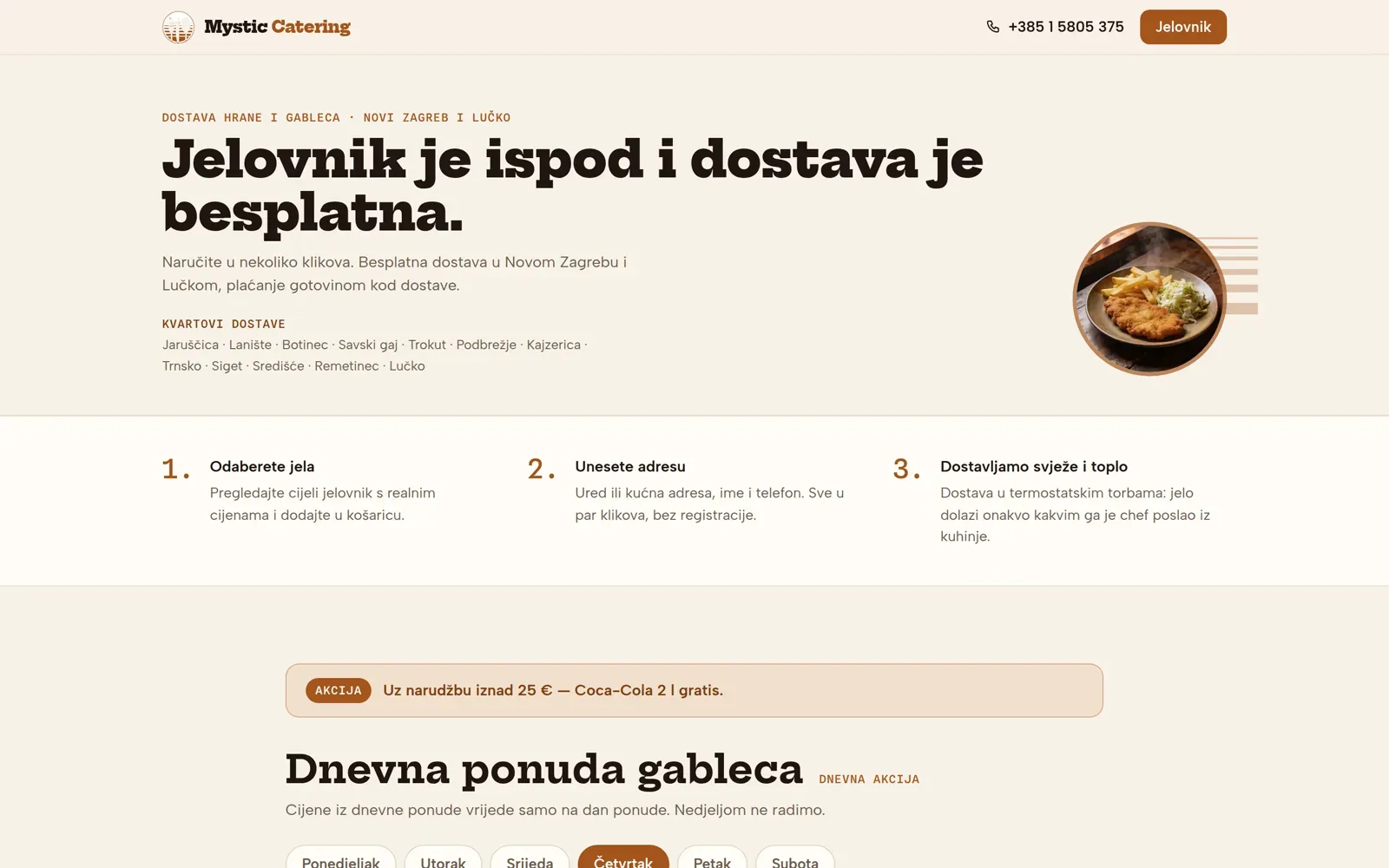 Naslovnica mystic-catering.com.hr s porukom da je jelovnik ispod i dostava besplatna