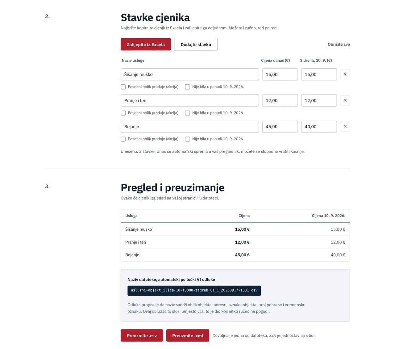 Generator na sidrenecijene.hr s upisanim stavkama cjenika, pregledom cijena i gumbima za preuzimanje csv i xml datoteke