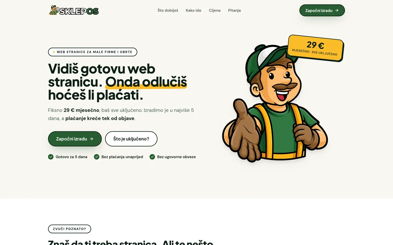 Naslovnica sklepos.hr s maskotom majstora i cijenom od 29 eura mjesečno