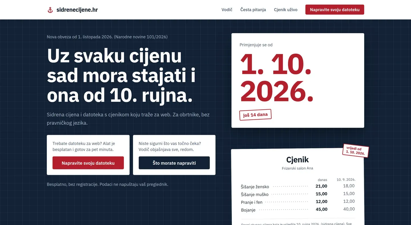 Naslovnica sidrenecijene.hr s porukom da uz svaku cijenu sad mora stajati i ona od 10. rujna