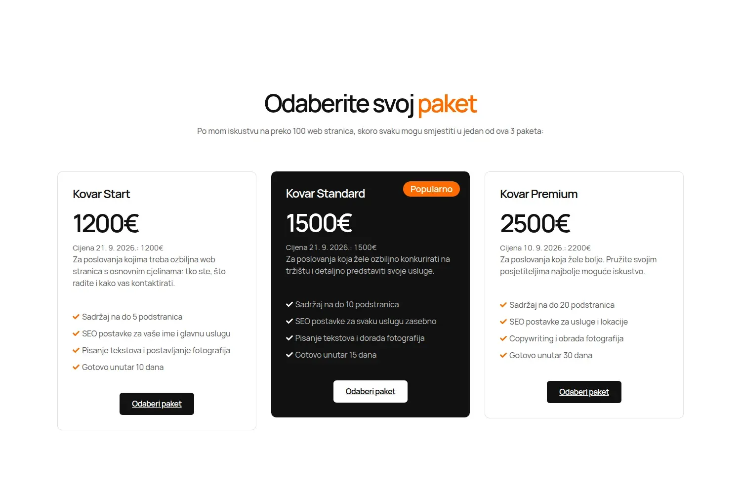 Tri paketa izrade web stranica s cijenama, Kovar Start 1200€, Standard 1500€ i Premium 2500€