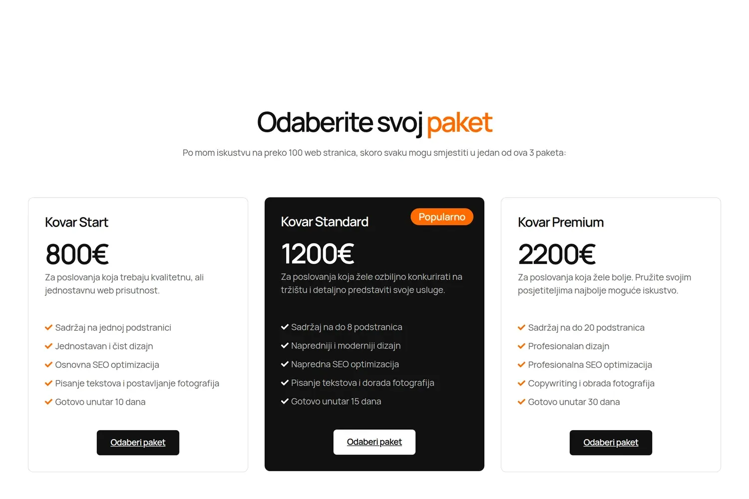 Tri paketa izrade web stranica s cijenama, Kovar Start 800€, Standard 1200€ i Premium 2200€