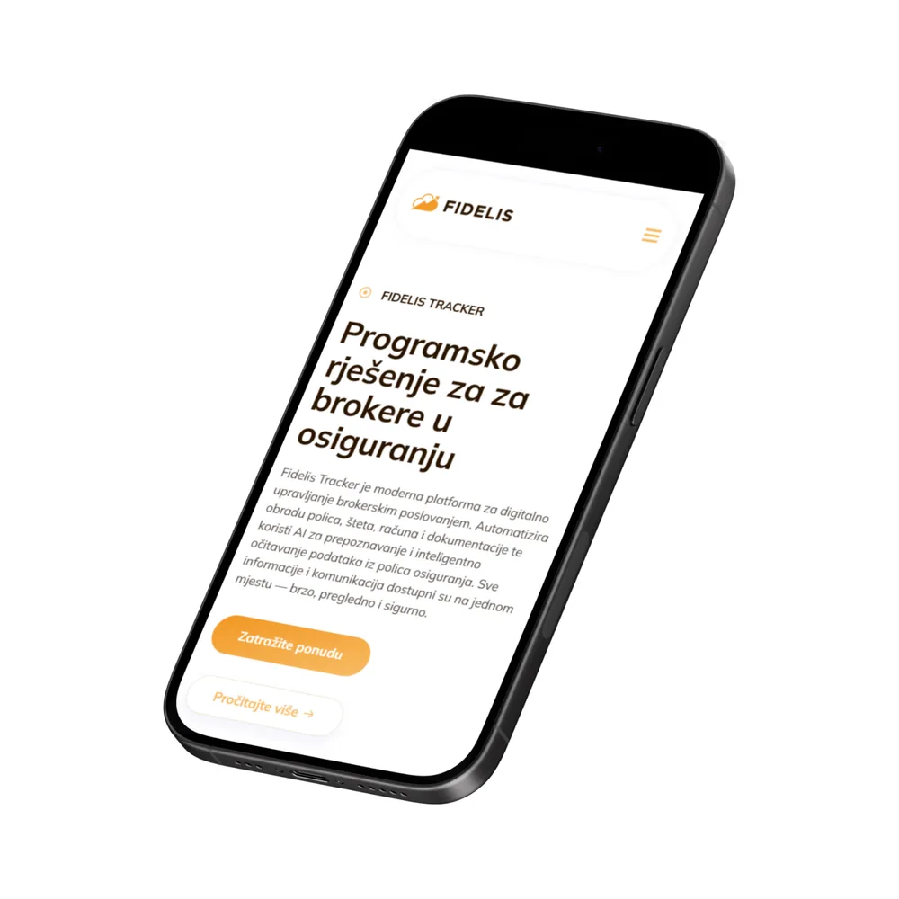 Fidelis Tracker mobilni prikaz web stranice