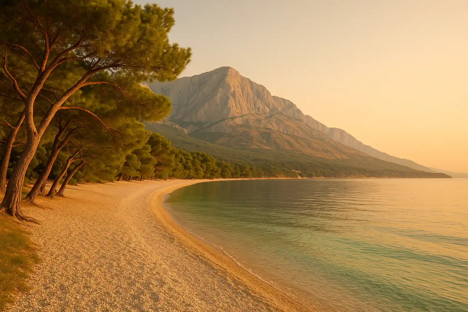 Izrada web stranica Makarska: plaža s borovima i Biokovom u daljini