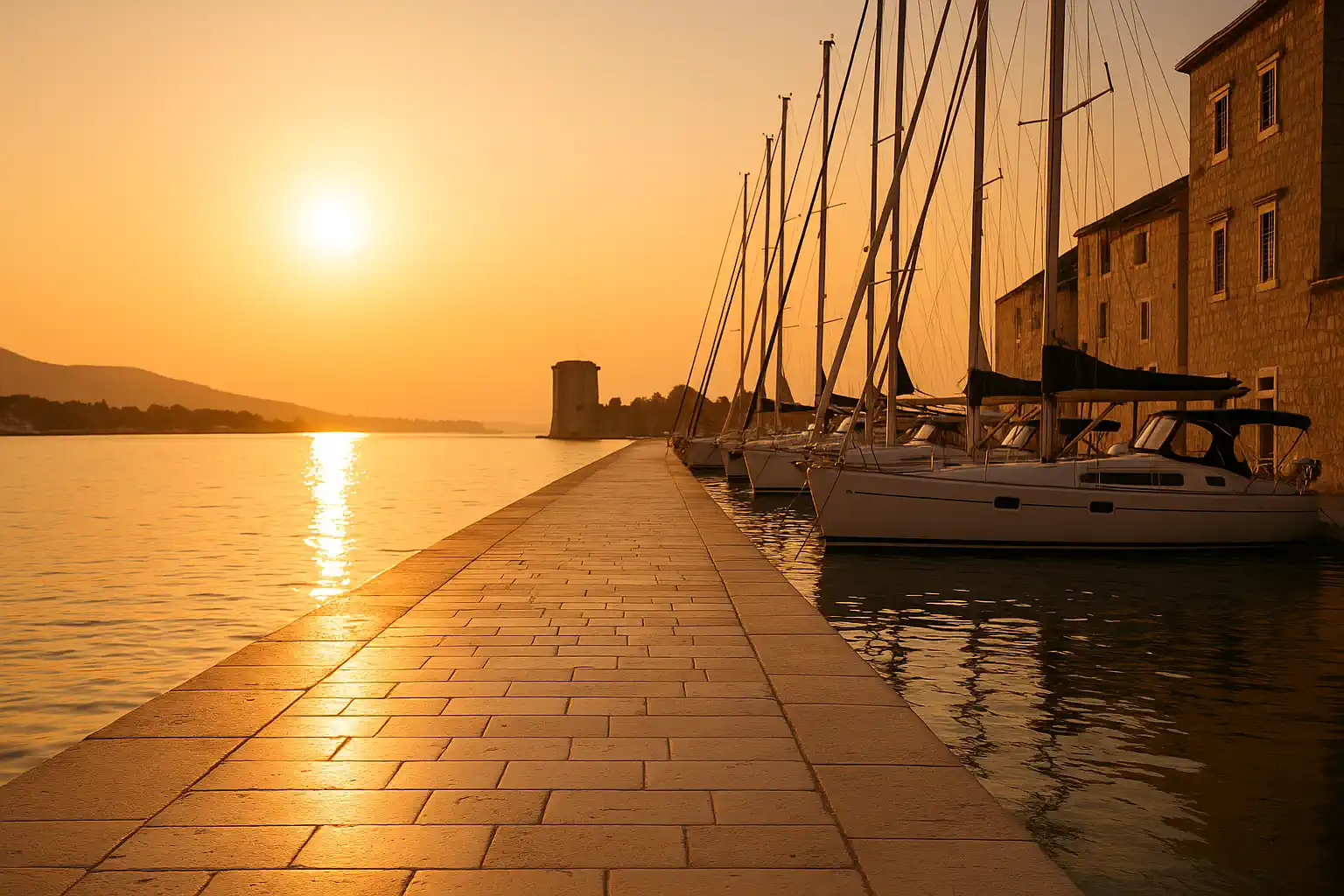 Izrada web stranica Trogir: kamena riva s jarbolima na toplom suncu