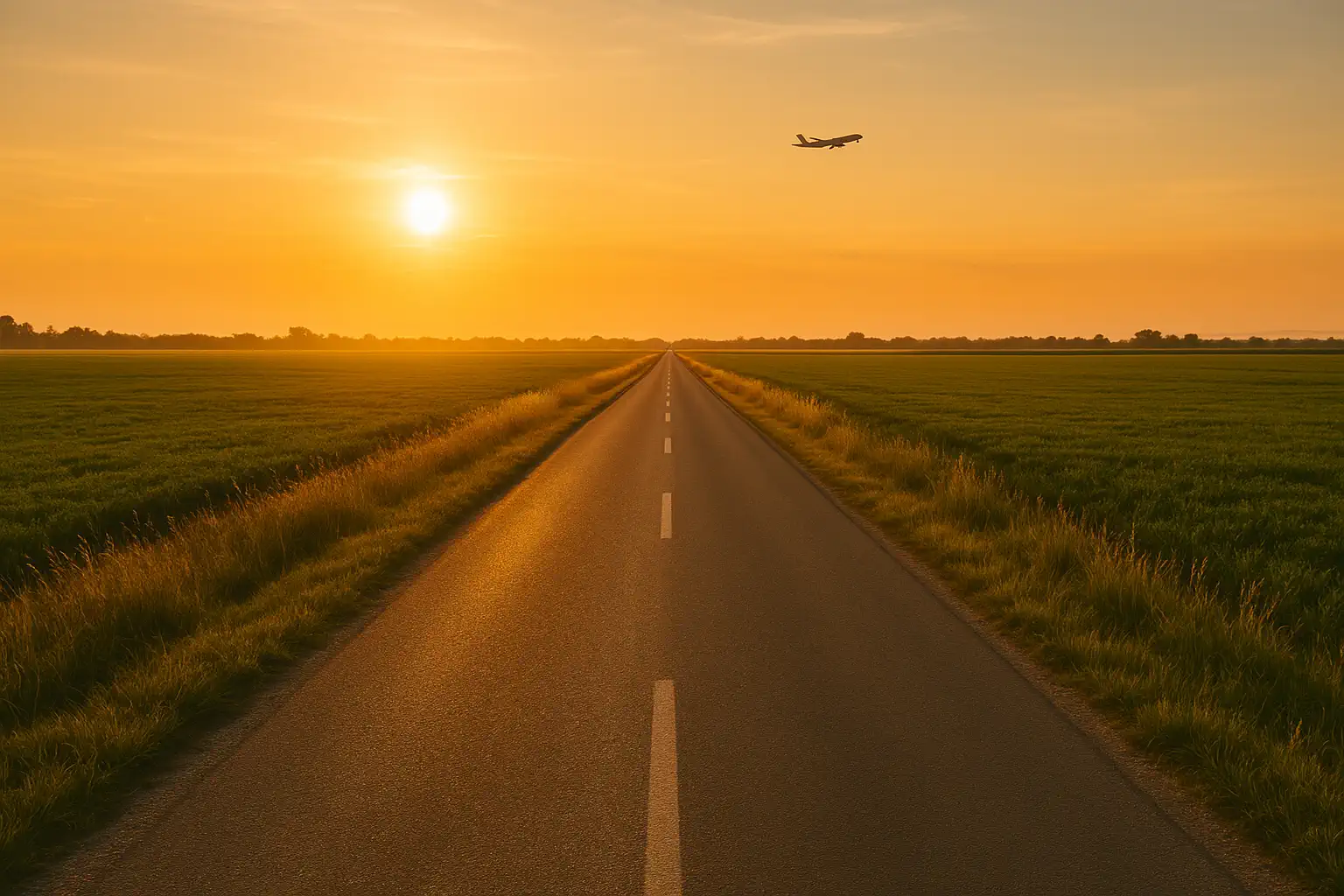 Cesta kroz polja i avion na nebu, obasjani zlatnim svjetlom