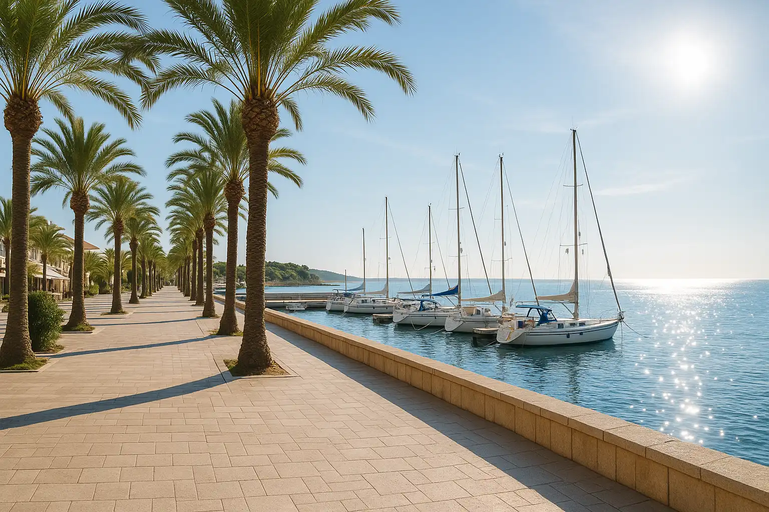 Sunčana mediteranska promenada s palmama i jedrilicama