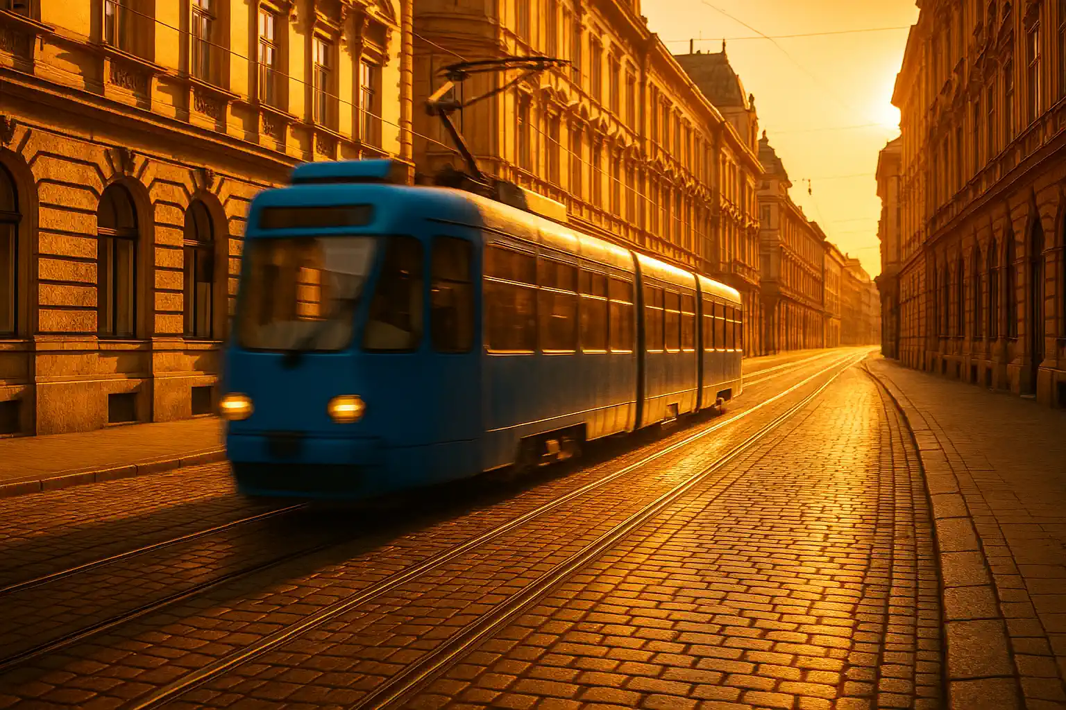 Zagrebački tramvaj u ulici obasjanoj niskim suncem