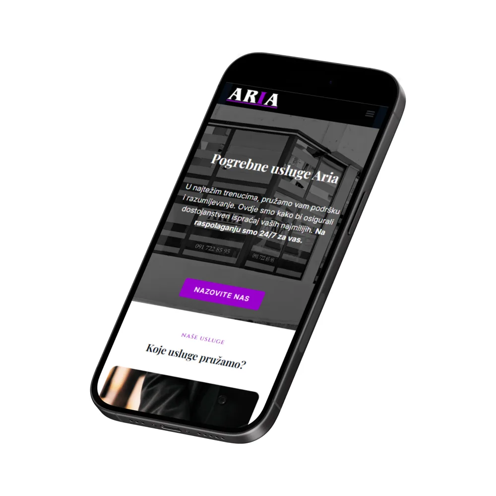 Pogrebno Aria mobilni prikaz web stranice