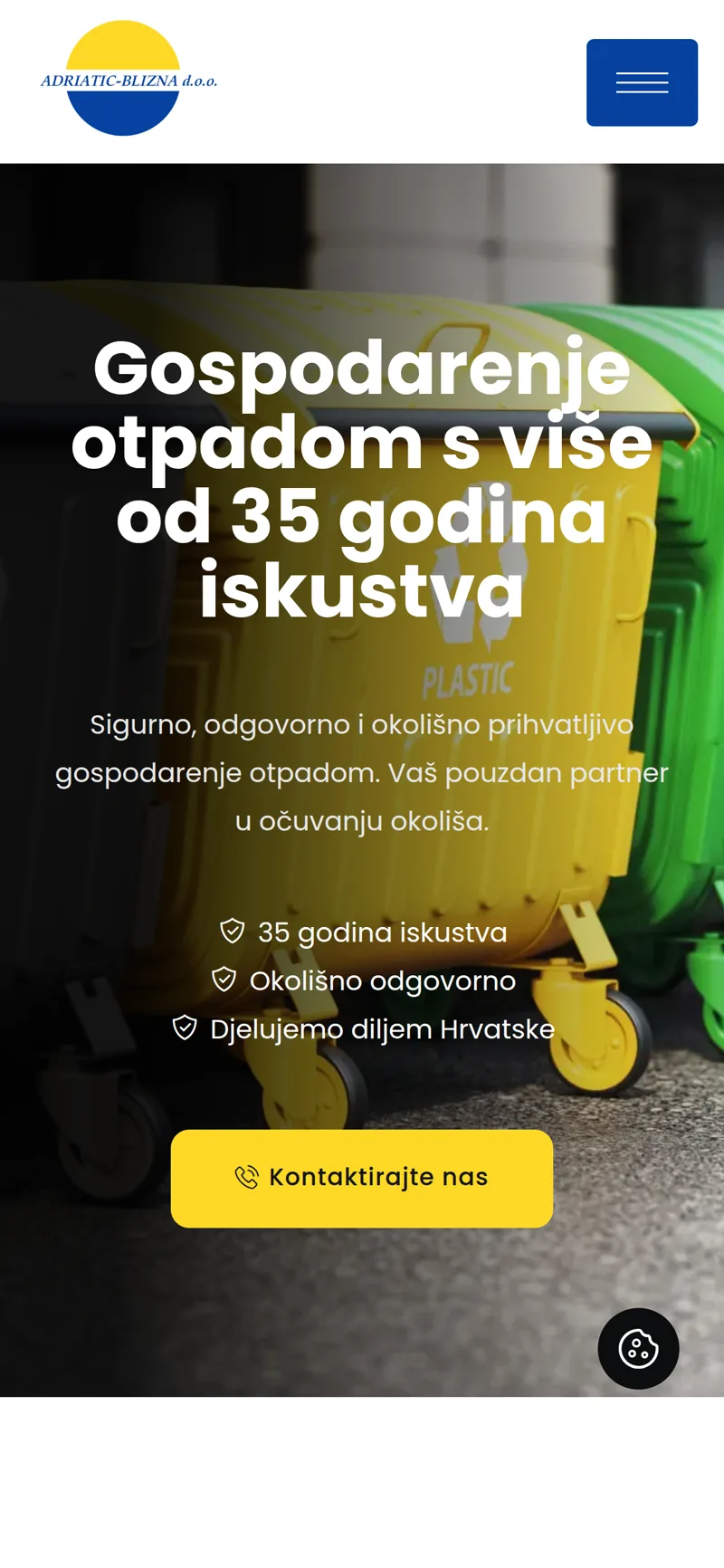 Izrada web stranice Adriatic-Blizna: mobilni prikaz naslovnice sa žutim gumbom za kontakt
