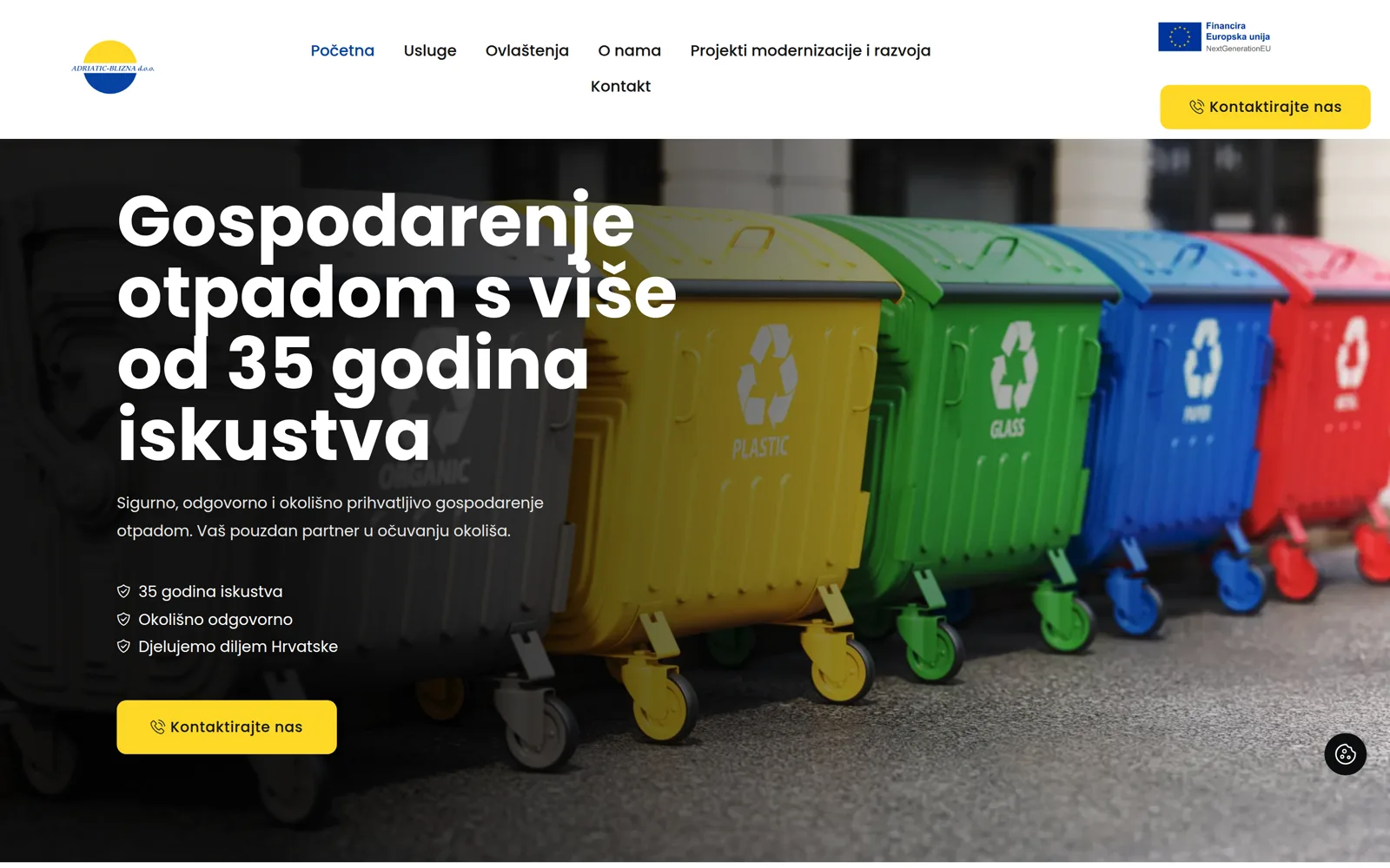 Izrada web stranice Adriatic-Blizna: naslovnica s kantama za odvojeni otpad, naslovom o 35 godina iskustva i EU oznakom