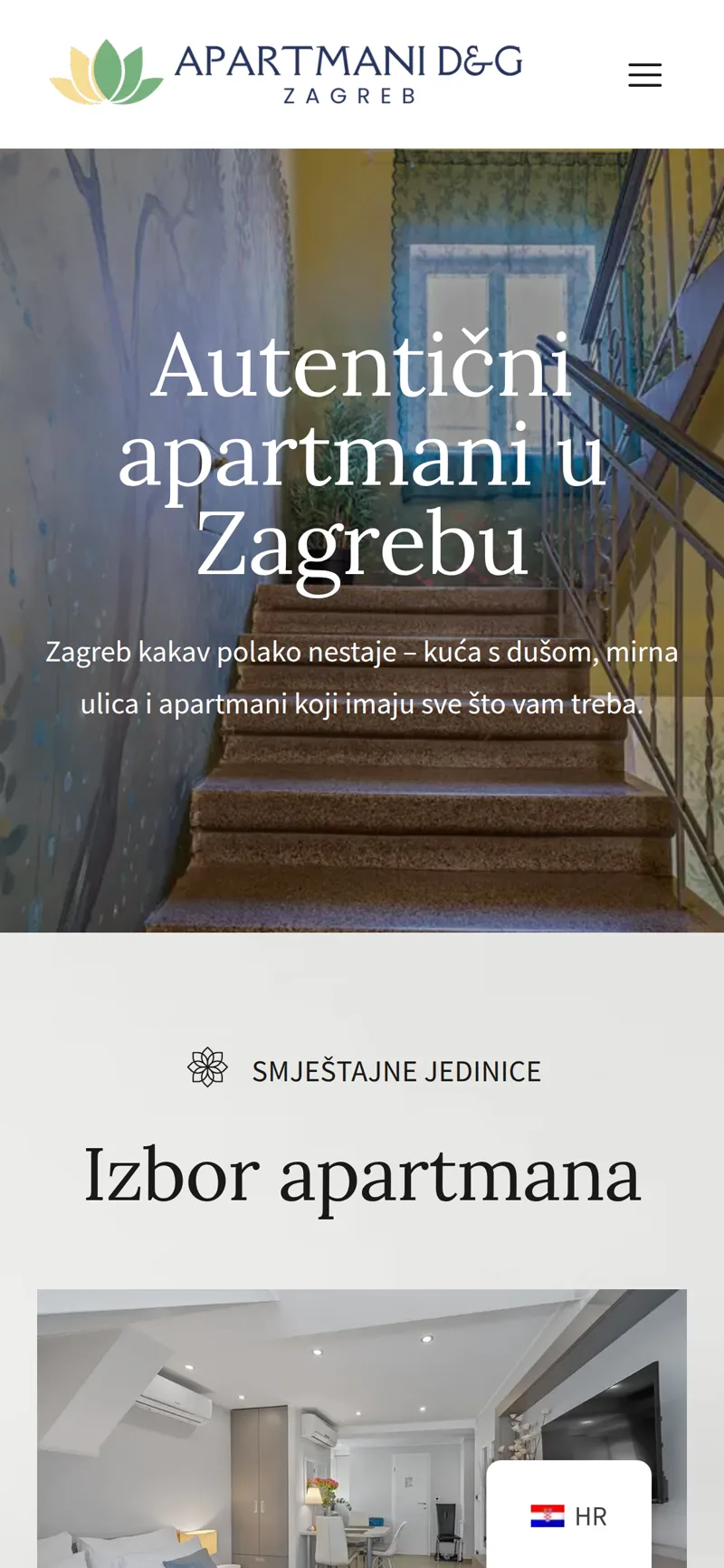 Izrada web stranice Apartmani D&G: mobilni prikaz naslovnice sa stubištem i porukom o kući s dušom