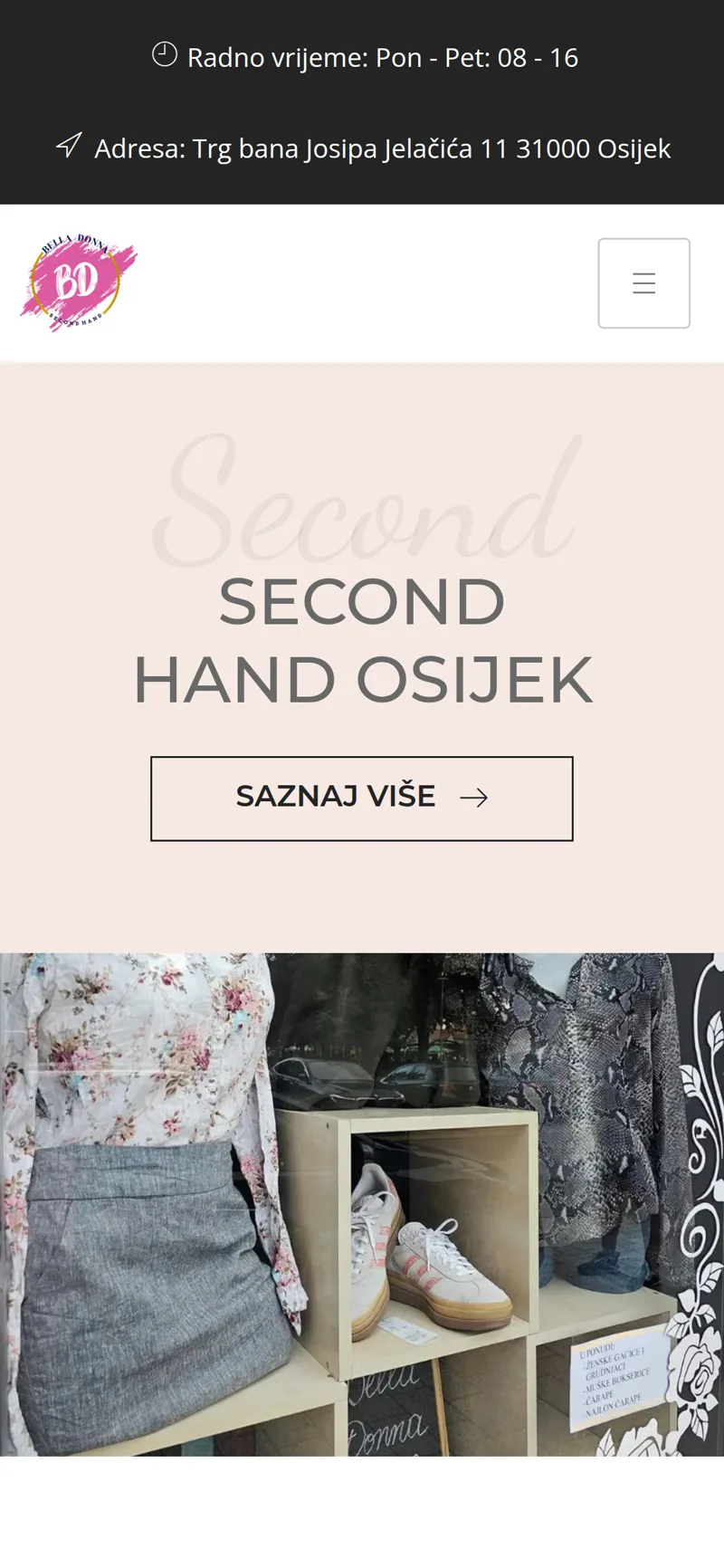 Izrada web stranice Bella Donna: mobilni prikaz s radnim vremenom, adresom i naslovom Second Hand Osijek