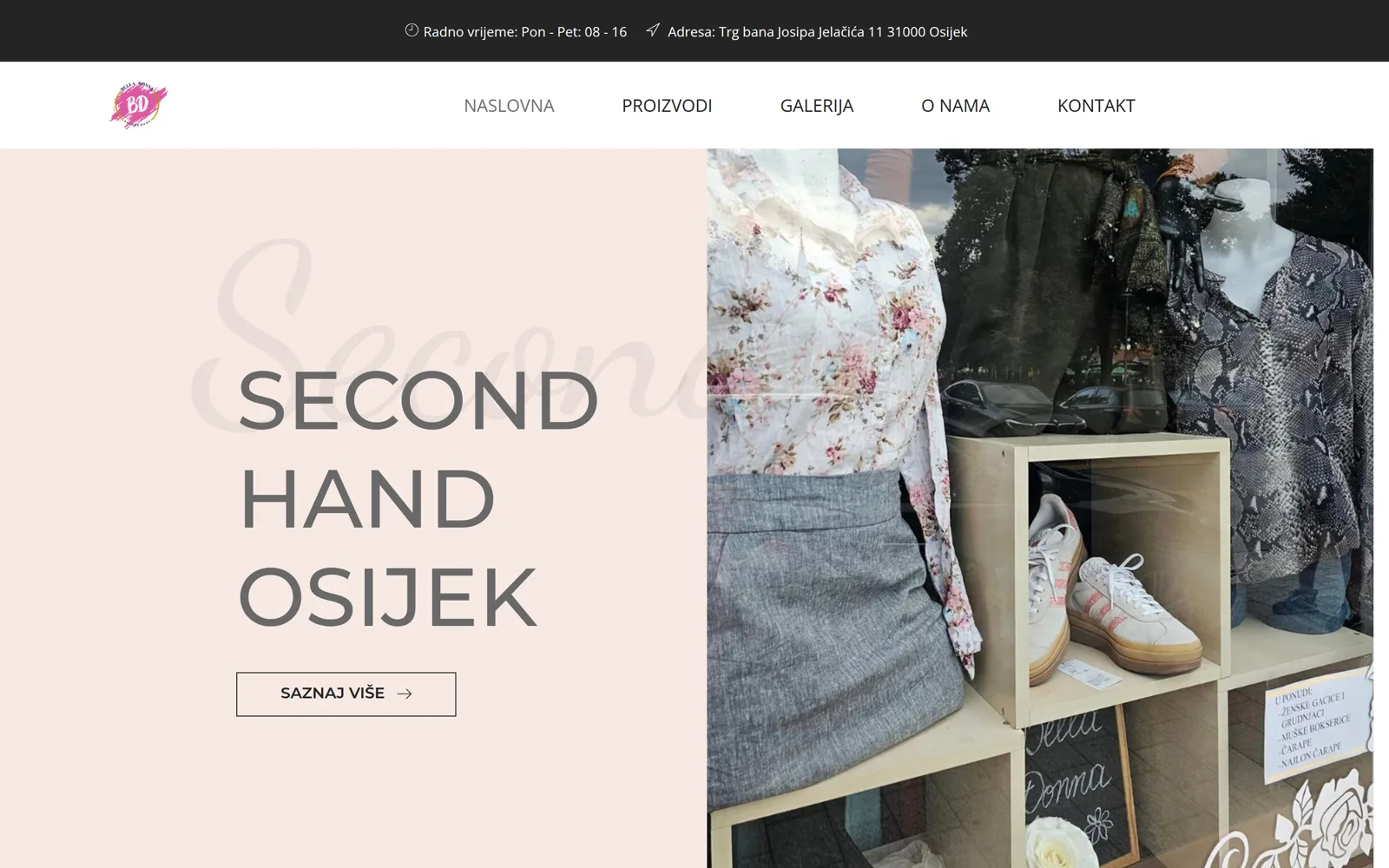 Izrada web stranice Bella Donna: naslovnica s naslovom Second Hand Osijek i fotografijom izloga trgovine