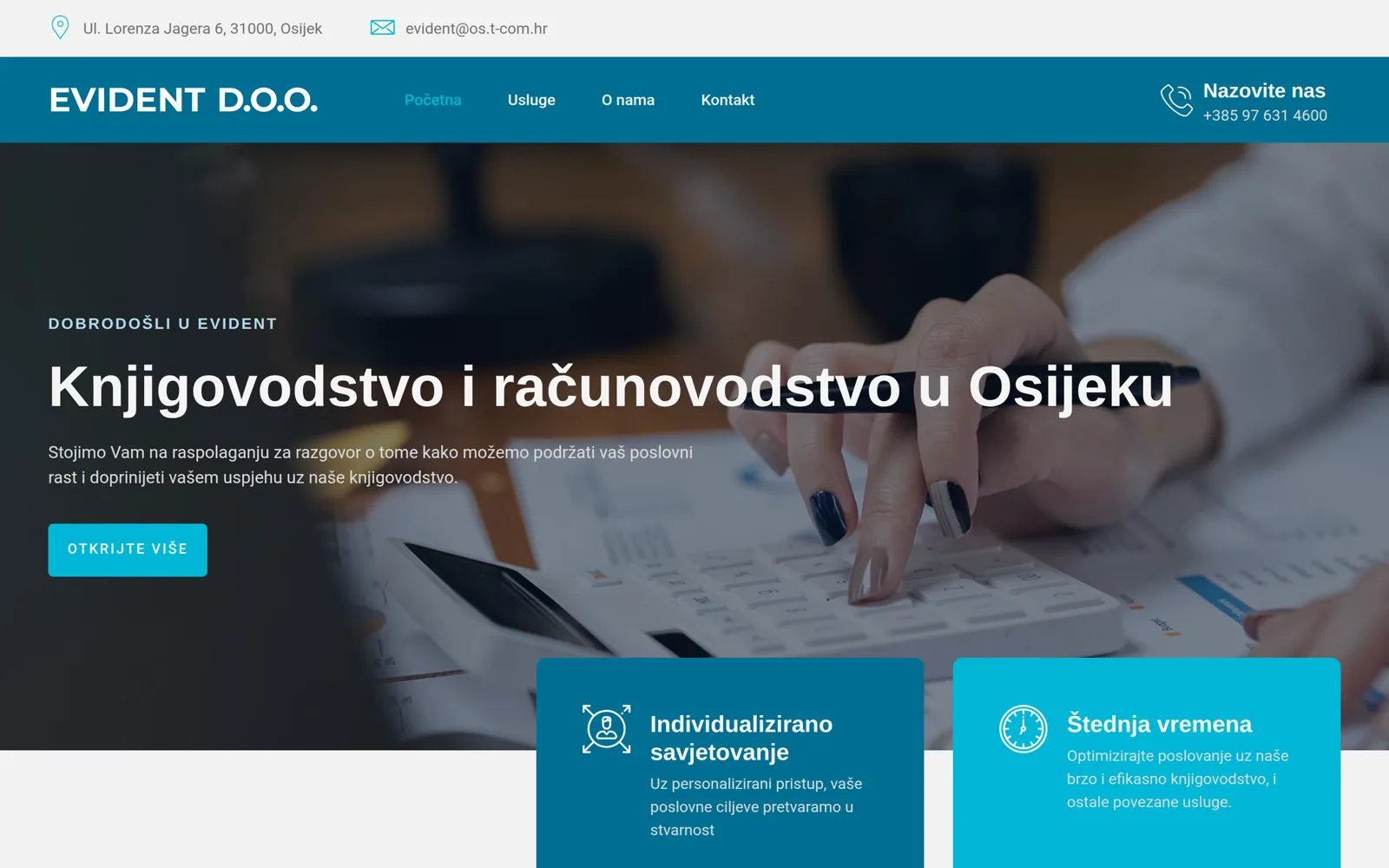 Izrada web stranice Evident: naslovnica s naslovom o knjigovodstvu u Osijeku, kalkulatorom i karticama usluga