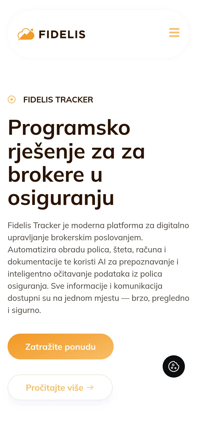 Izrada web stranice Fidelis Tracker: mobilni prikaz naslovnice s naslovom o rješenju za brokere i gumbom za ponudu