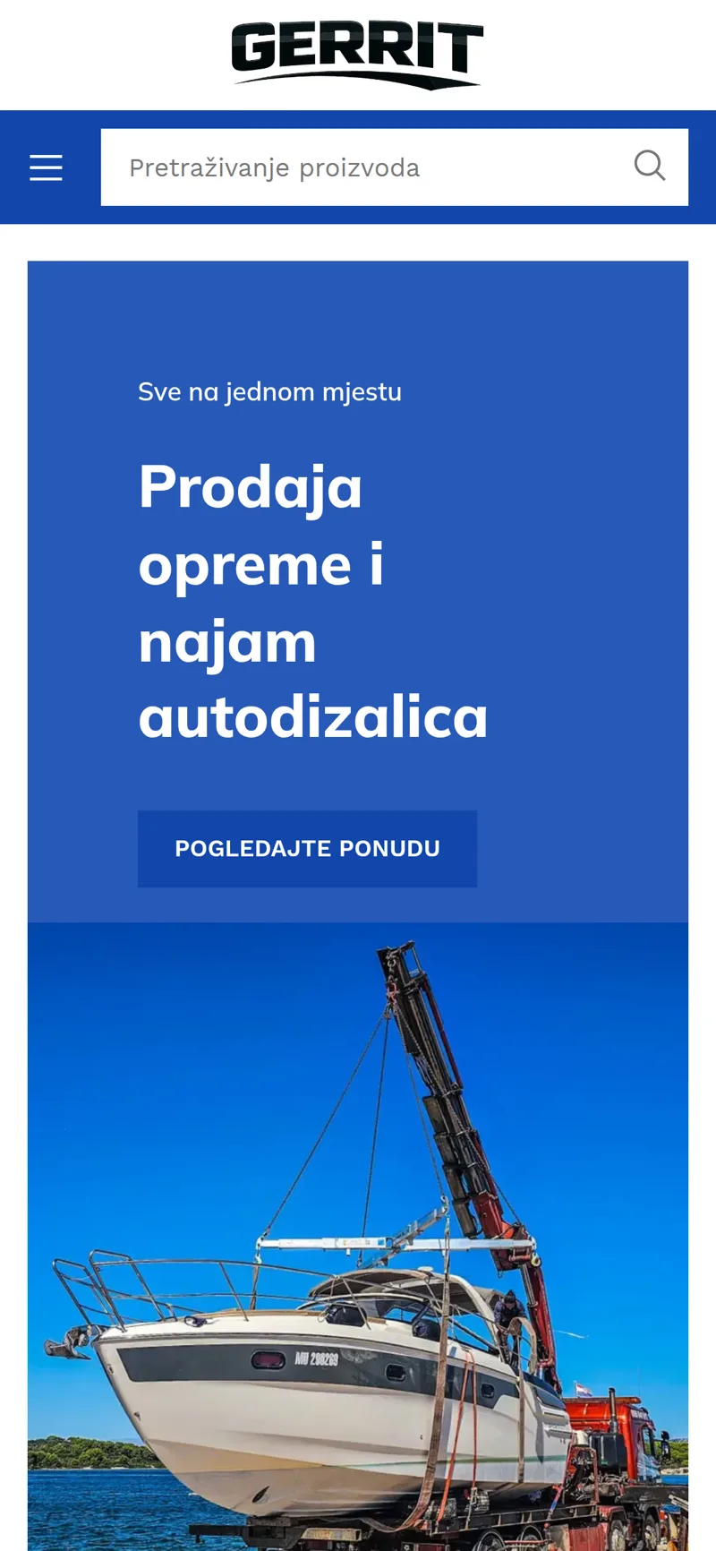 Izrada web stranice Gerrit: mobilni prikaz naslovnice s tražilicom, naslovom o prodaji opreme i najmu autodizalica