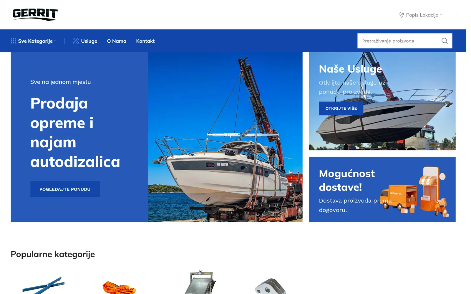 Izrada web stranice Gerrit: naslovnica kataloga s tražilicom proizvoda, ponudom opreme i fotografijom dizalice koja podiže brod