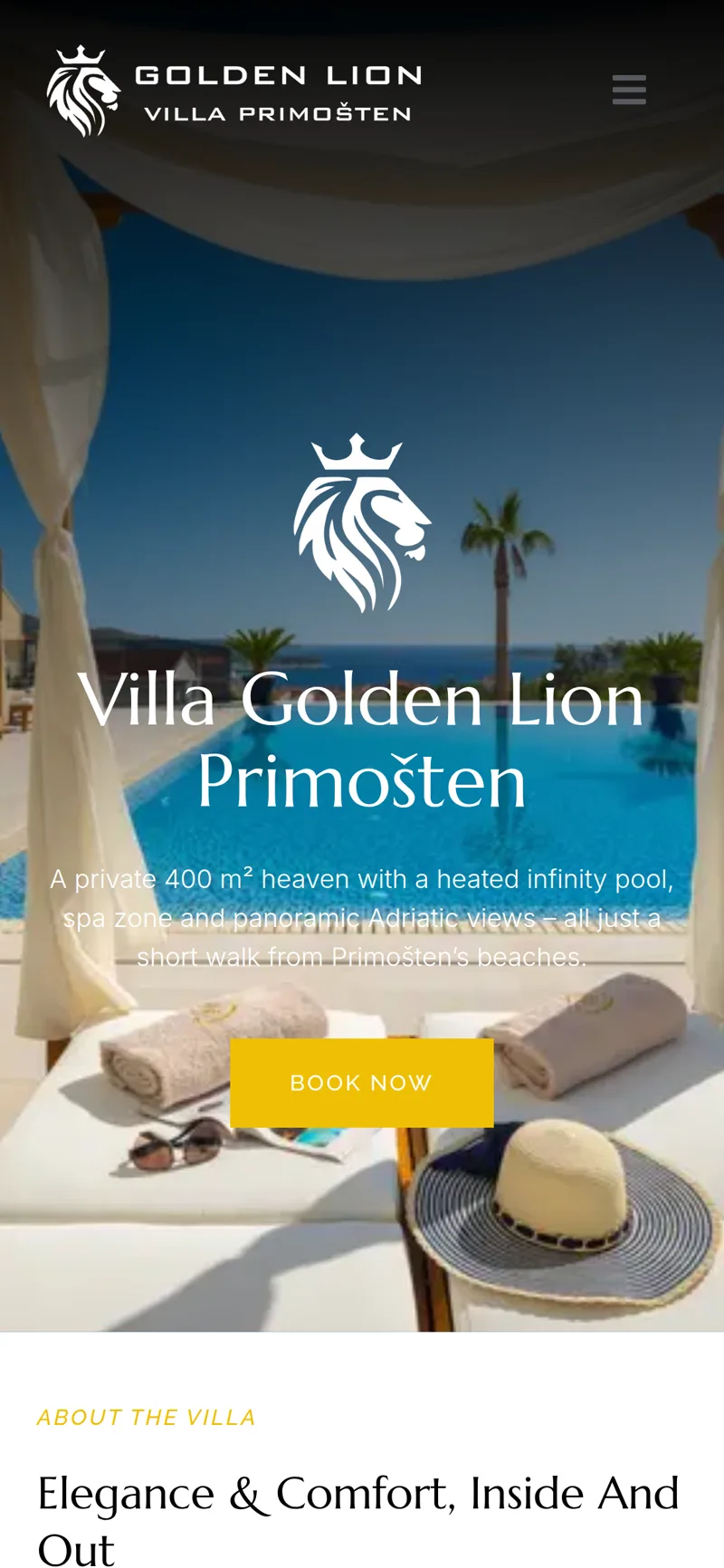 Izrada web stranice Golden Lion: mobilni prikaz naslovnice s logotipom vile, naslovom i gumbom za rezervaciju