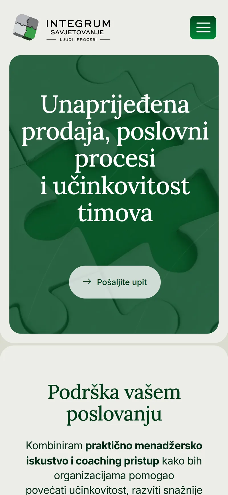 Izrada web stranice Integrum: mobilni prikaz naslovnice s logotipom, naslovom i gumbom za upit
