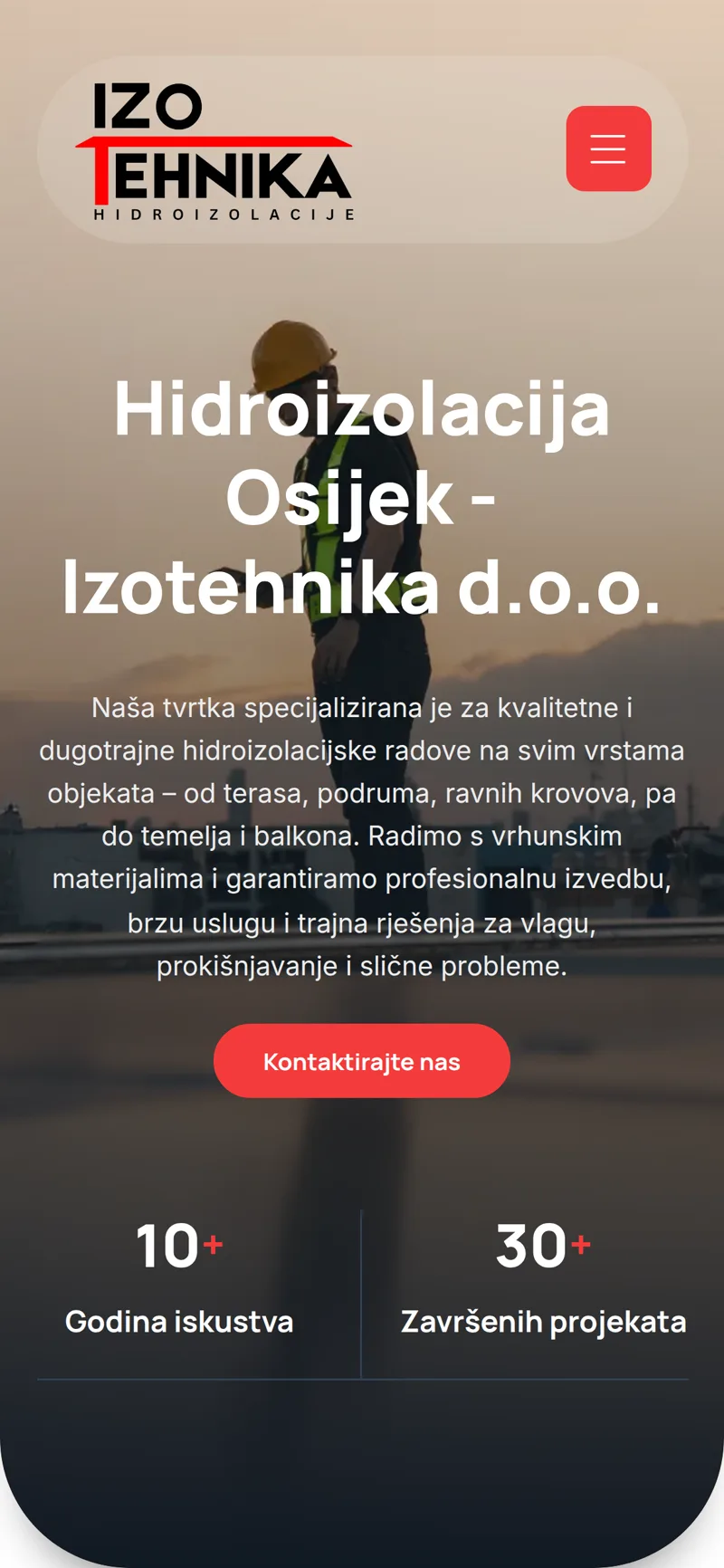 Izrada web stranice Izotehnika: mobilni prikaz naslovnice s naslovom o hidroizolaciji i crvenim gumbom za kontakt
