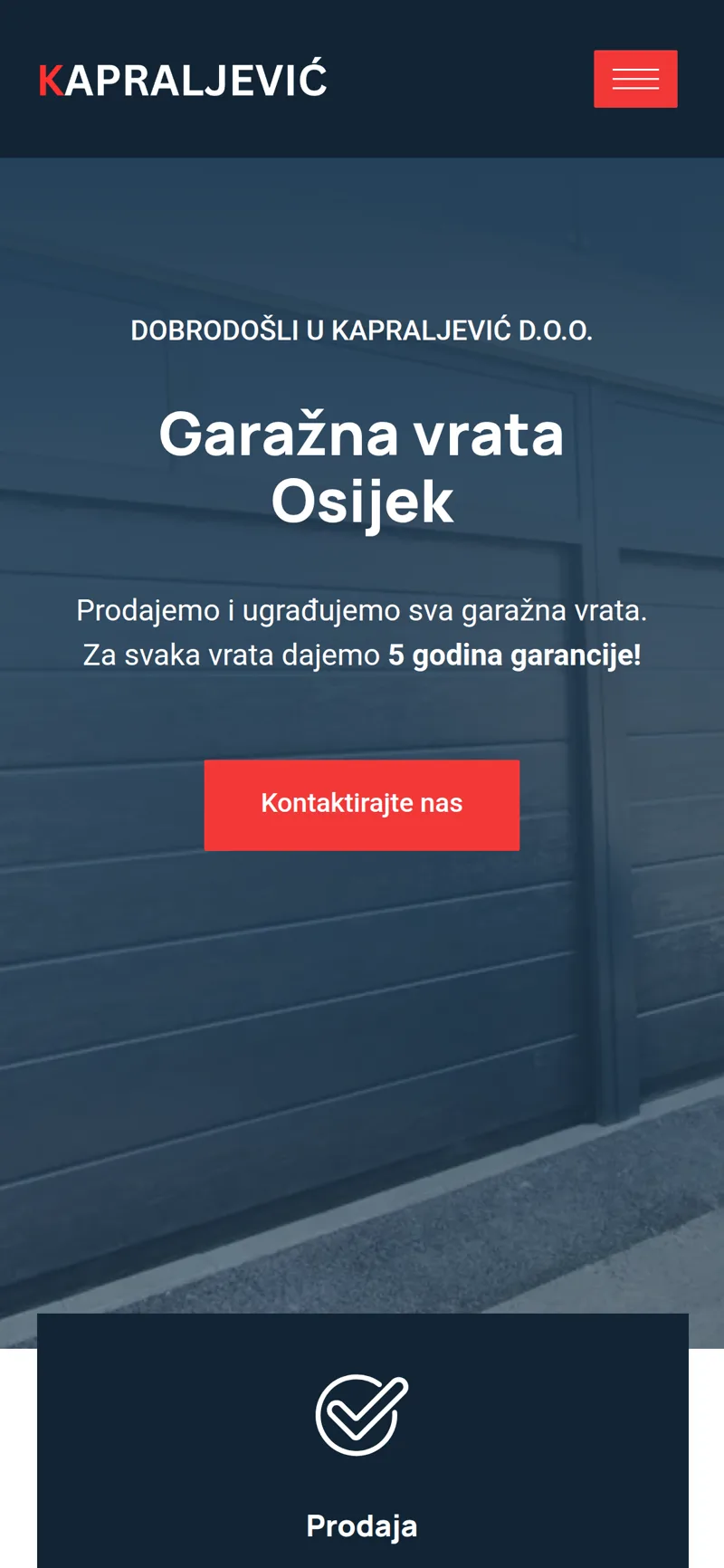 Izrada web stranice Kapraljević: mobilni prikaz naslovnice s naslovom o garažnim vratima i gumbom za kontakt