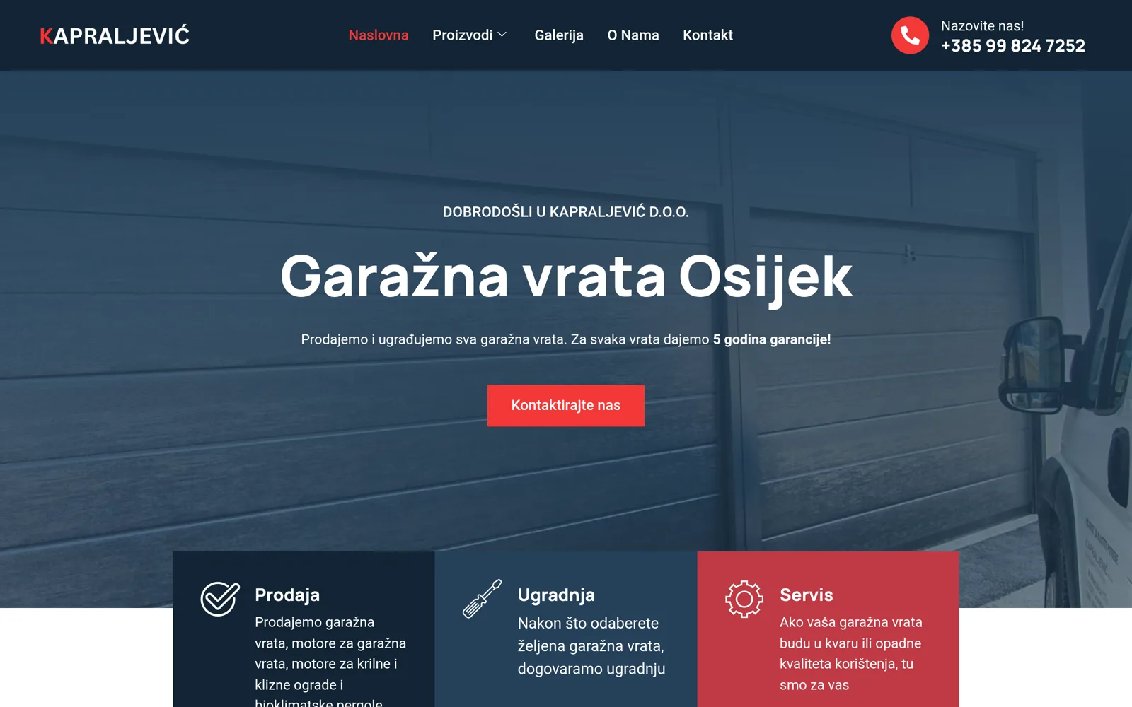 Izrada web stranice Kapraljević: naslovnica s naslovom Garažna vrata Osijek, porukom o garanciji i crvenim gumbom za kontakt