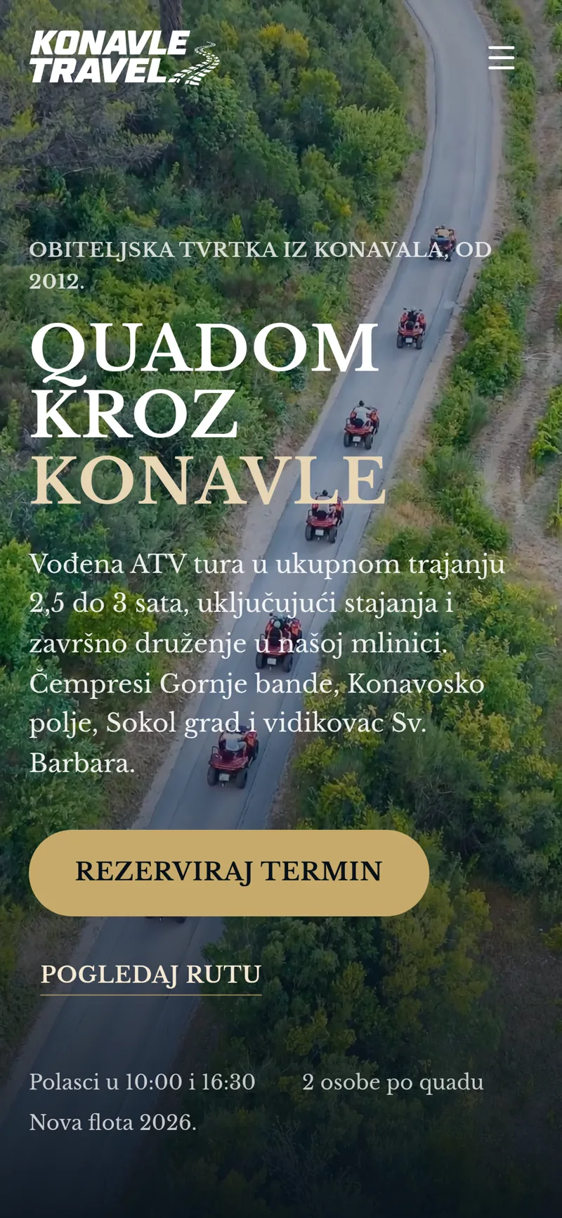 Izrada web stranice Konavle Travel: mobilni prikaz naslovnice s logotipom, naslovom i gumbom za rezervaciju termina