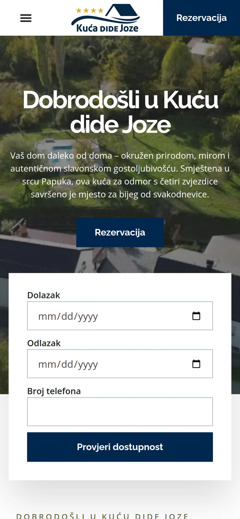 Izrada web stranice Kuća dide Joze: mobilni prikaz naslovnice s dobrodošlicom i poljima za datume dolaska i odlaska