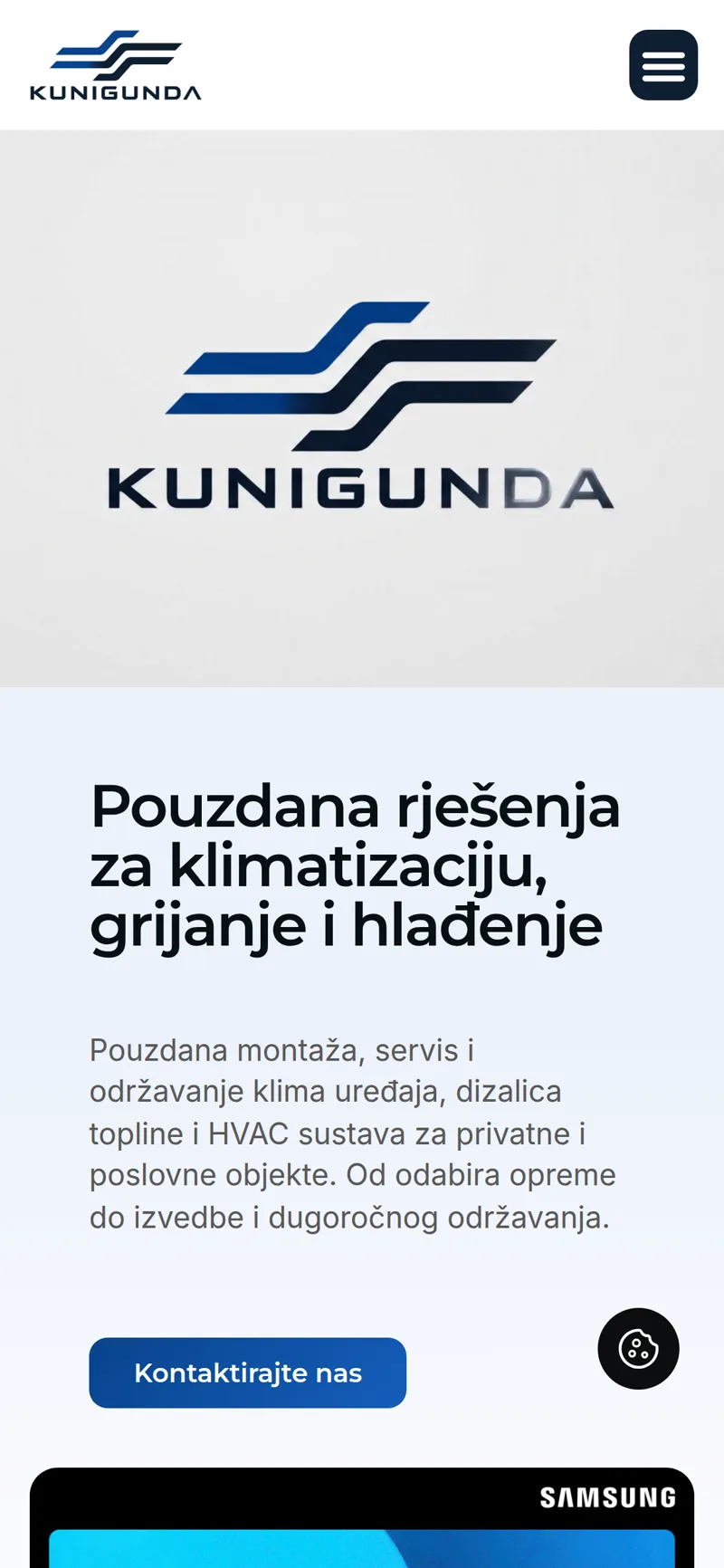 Izrada web stranice Kunigunda: mobilni prikaz s logotipom i naslovom o rješenjima za klimatizaciju, grijanje i hlađenje