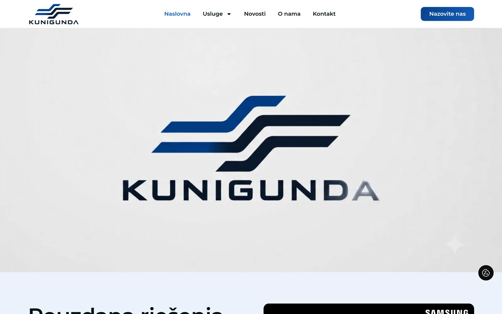 Izrada web stranice Kunigunda: naslovnica s animiranim logotipom u heroju i plavim gumbom za poziv