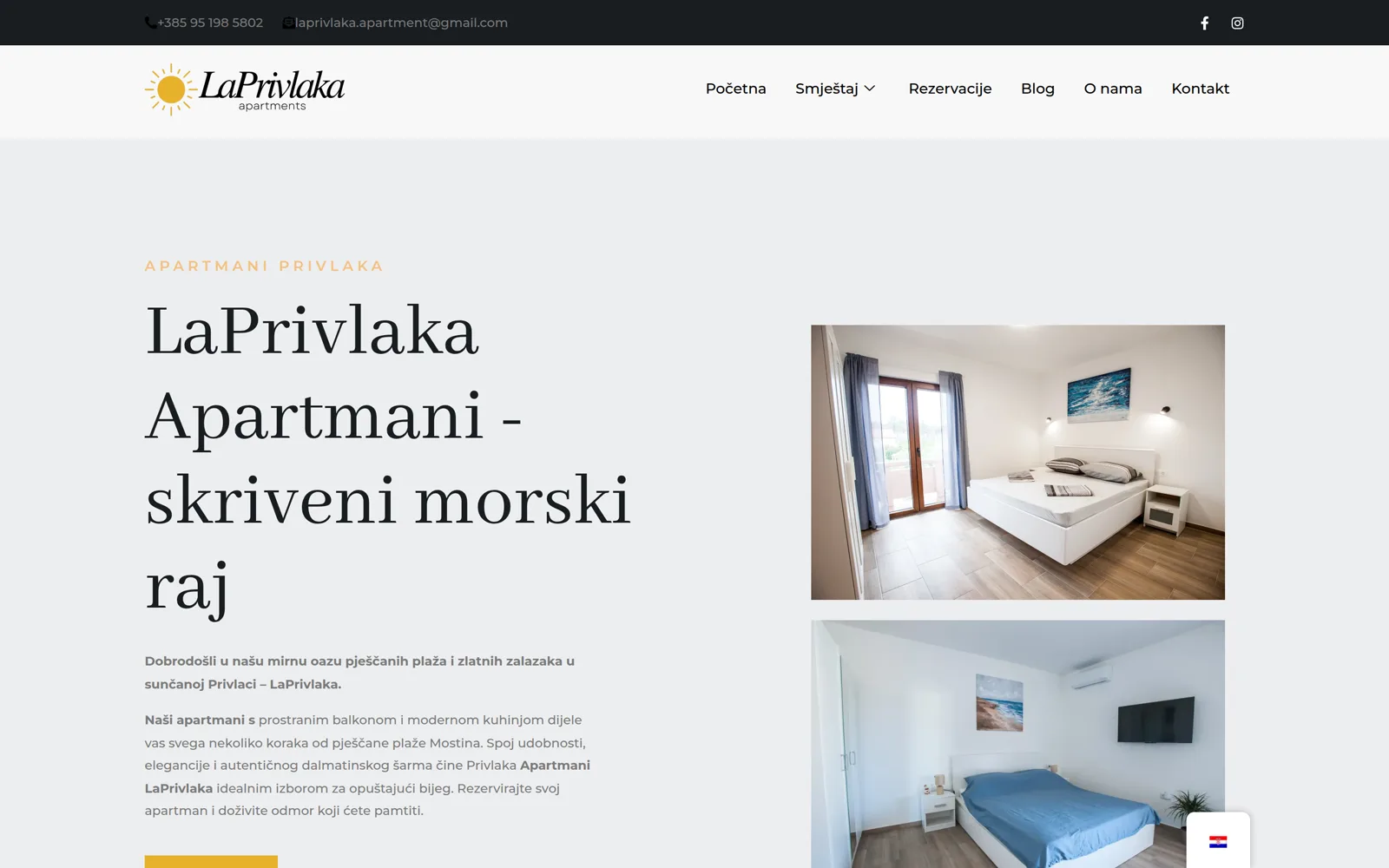 Izrada web stranice LaPrivlaka: naslovnica s naslovom o skrivenom morskom raju i fotografijama svijetlih interijera apartmana