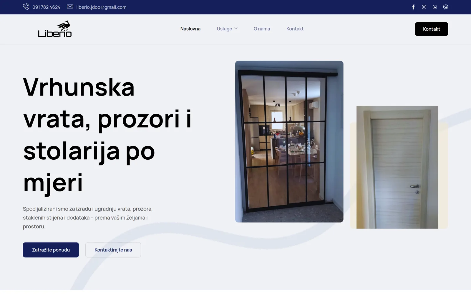 Izrada web stranice Liberio: naslovnica s naslovom o vratima i prozorima po mjeri, fotografijama staklene stijene i gumbom za ponudu