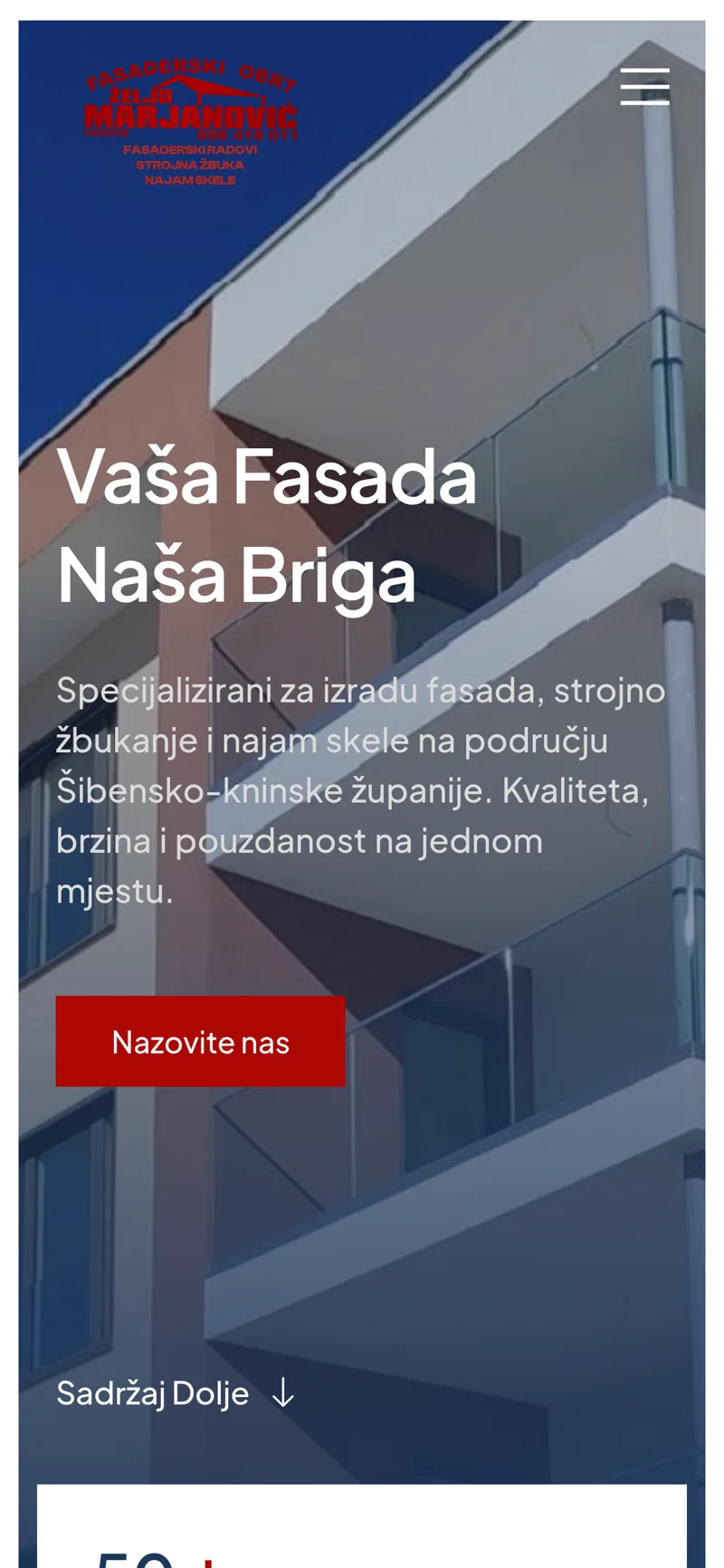 Izrada web stranice Marjanović: mobilni prikaz naslovnice s naslovom o fasadama i crvenim gumbom za poziv