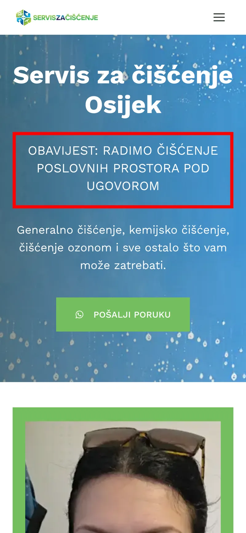 Izrada web stranice NDN: mobilni prikaz naslovnice s naslovom o čišćenju i gumbom Pošalji poruku