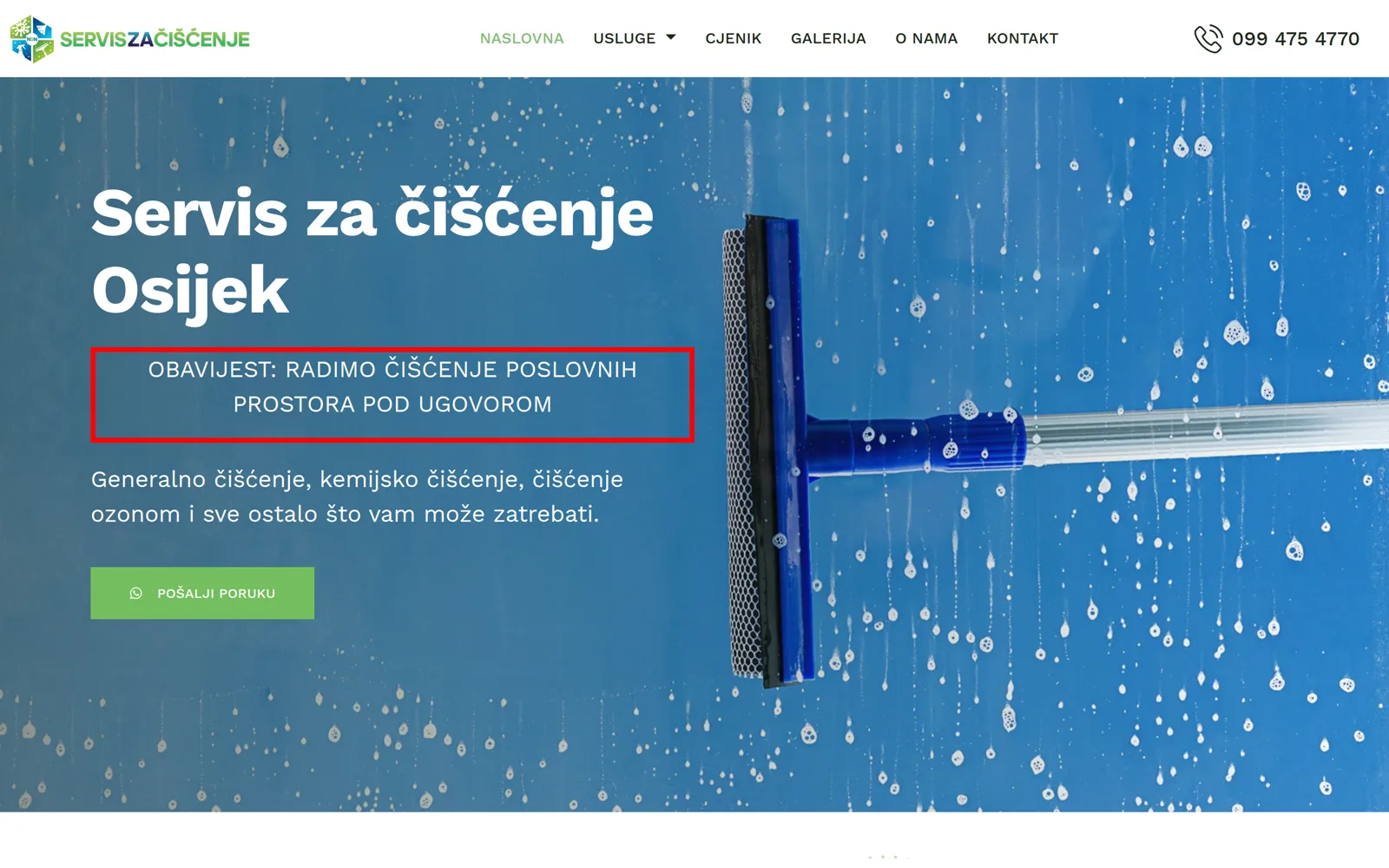 Izrada web stranice NDN: naslovnica s naslovom Servis za čišćenje Osijek, obavijesti o ugovorima i zelenim WhatsApp gumbom