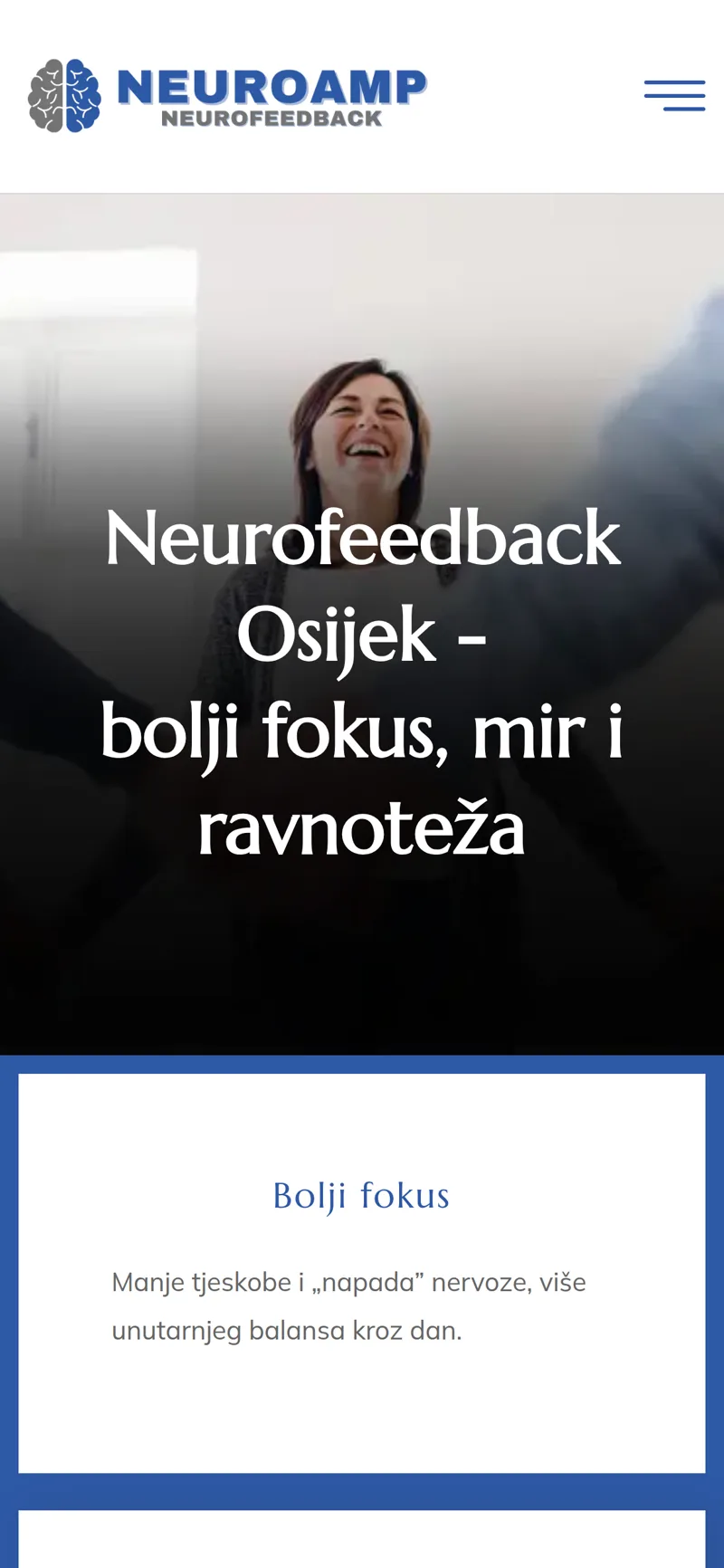 Izrada web stranice NeuroAmp: mobilni prikaz naslovnice s logotipom i naslovom Neurofeedback Osijek
