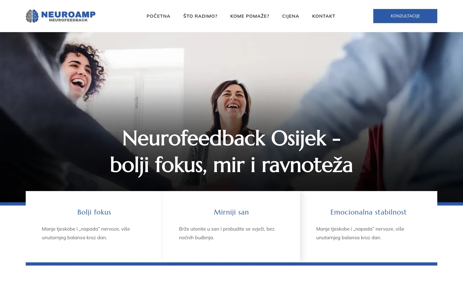 Izrada web stranice NeuroAmp: naslovnica centra s naslovom Neurofeedback Osijek i plavim gumbom za konzultacije