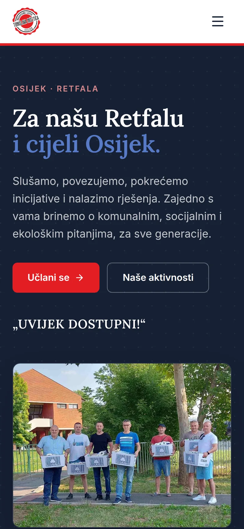 Izrada web stranice Nezavisna lista Mišetića: mobilni prikaz naslovnice s logotipom i gumbom za učlanjenje