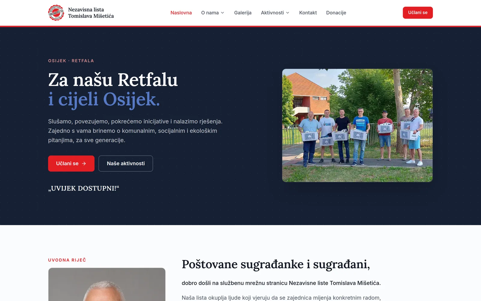 Izrada web stranice Nezavisna lista Mišetića: naslovnica s navigacijom, fotografijom članova i gumbima za učlanjenje i aktivnosti