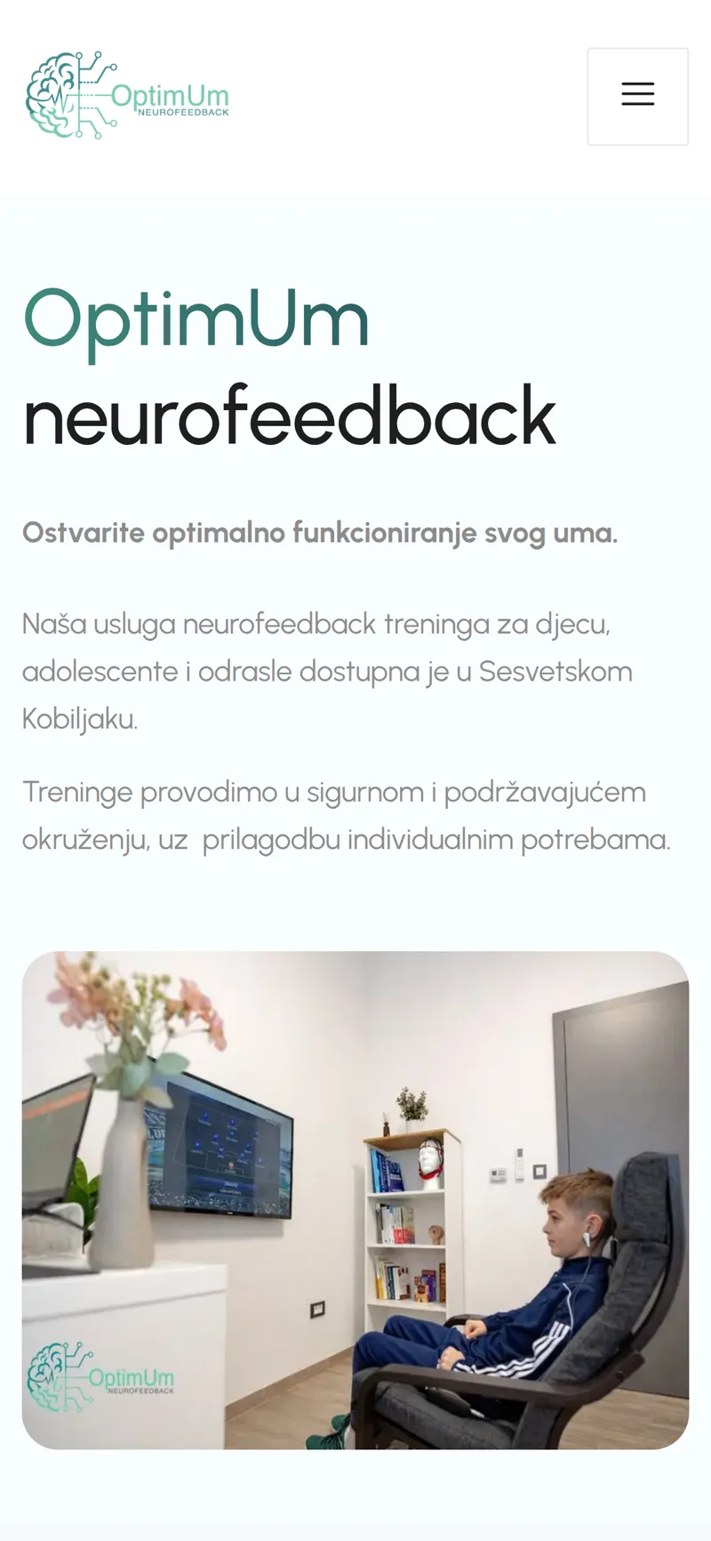 Izrada web stranice Optimum Neurofeedback: mobilni prikaz naslovnice s logotipom i opisom usluge u Sesvetskom Kobiljaku