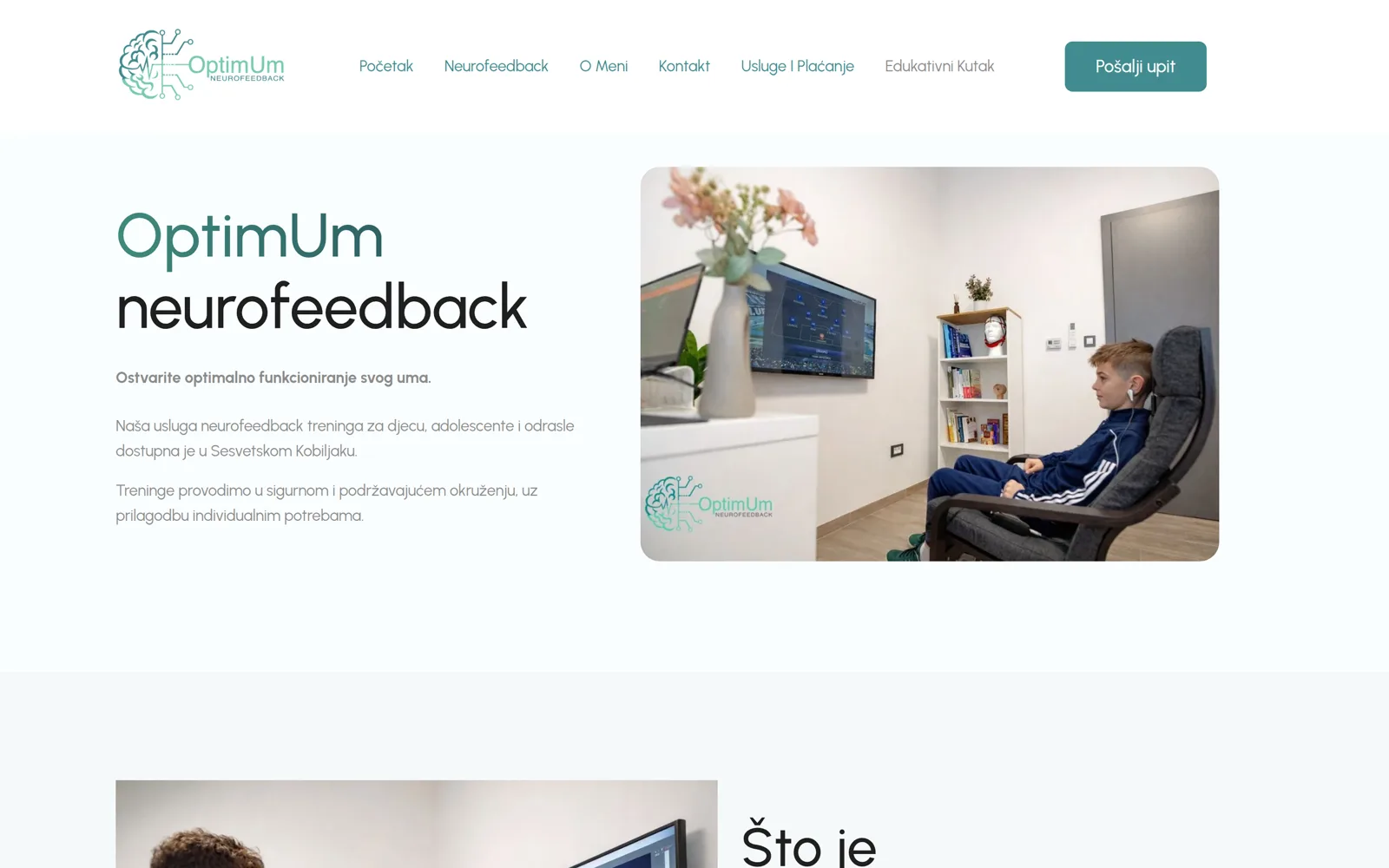Izrada web stranice Optimum Neurofeedback: naslovnica sa svijetlim kabinetom i fotografijom termina treninga