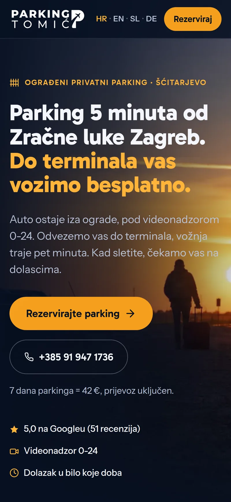 Izrada web stranice Parking Tomić: mobilni prikaz naslovnice s logotipom, izbornikom jezika i gumbom za rezervaciju parkinga