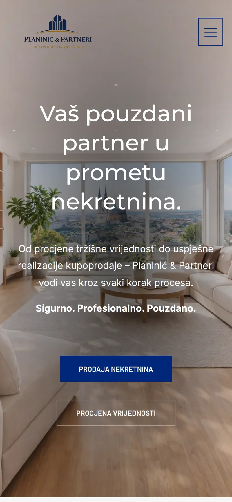 Izrada web stranice Planinić i Partneri: mobilni prikaz naslovnice s naslovom i gumbima za prodaju nekretnina i procjenu vrijednosti