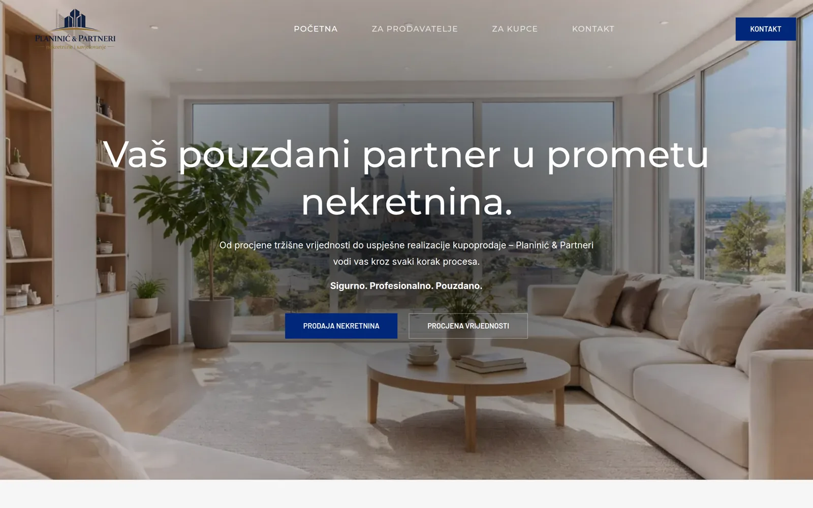 Izrada web stranice Planinić i Partneri: naslovnica sa svijetlim interijerom, naslovom o pouzdanom partneru i gumbima za prodaju i procjenu