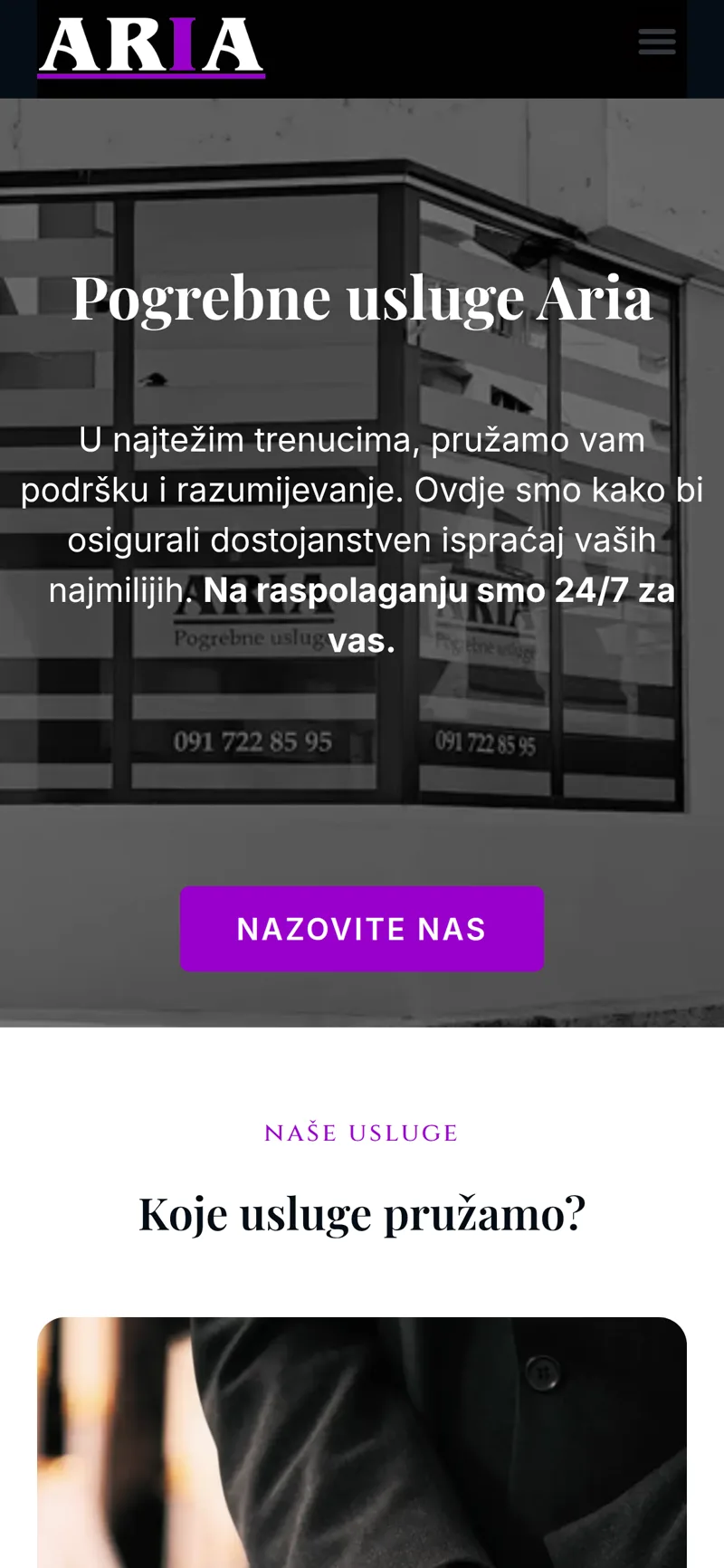 Izrada web stranice Pogrebne usluge Aria: mobilni prikaz naslovnice s nazivom službe i gumbom za poziv